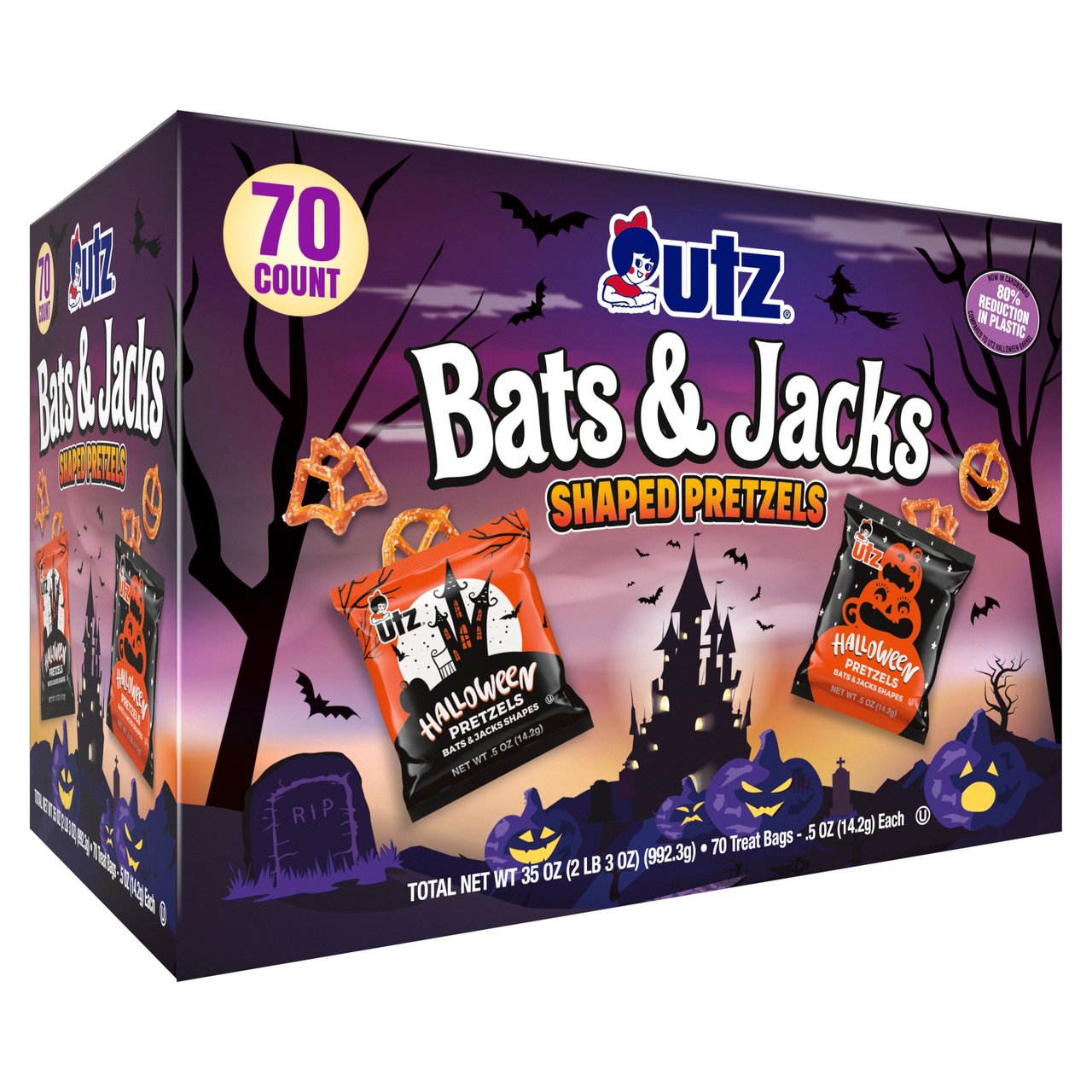 Utz Bats & Jacks Halloween Shaped Pretzels, 70 ct / 0.5 oz (2.18 lbs) - Image 1