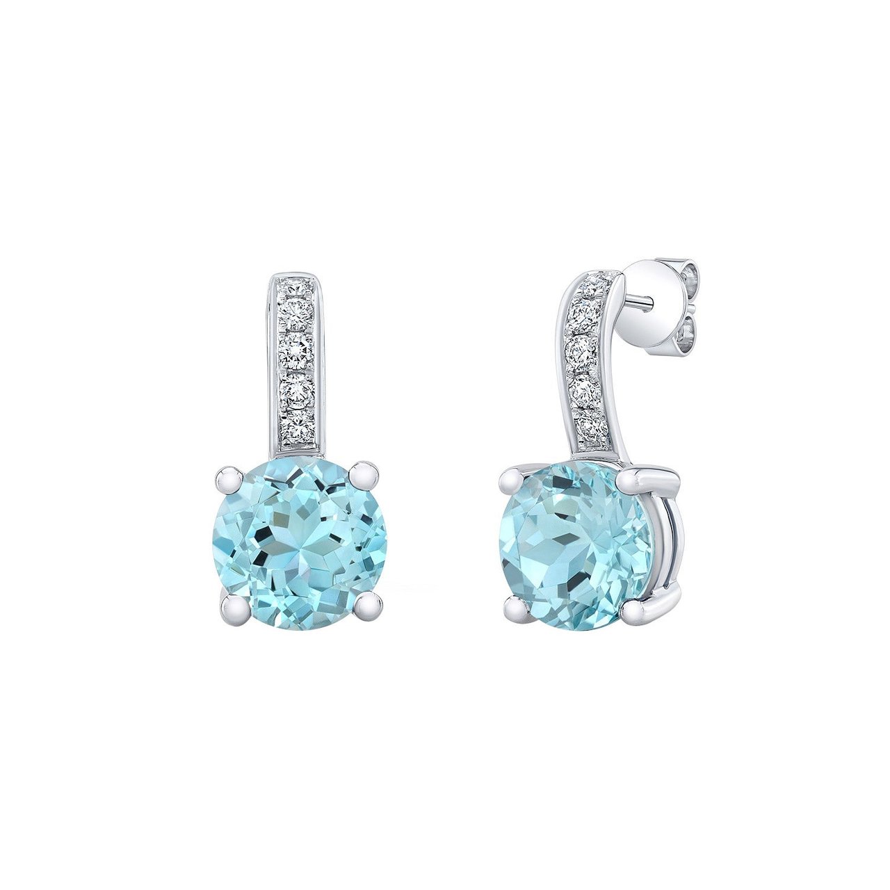 14KT WHITE GOLD 6MM ROUND AQUAMARINE DIAMOND EARRINGS - Image 1