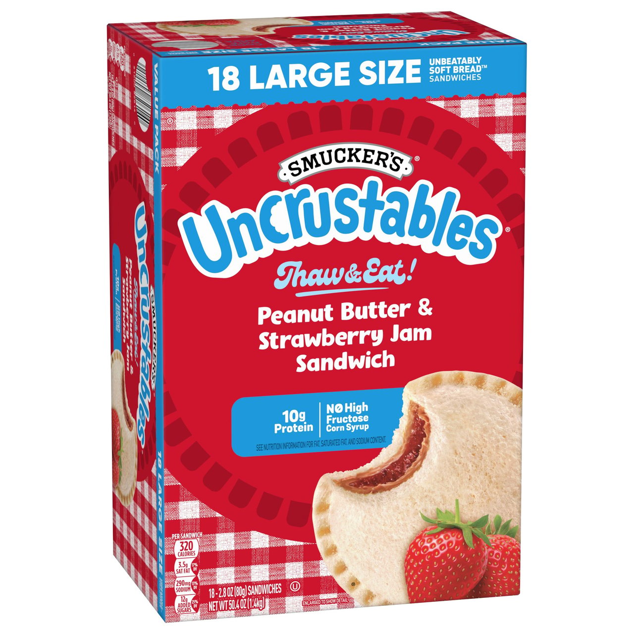 Smucker's Uncrustables Peanut Butter & Strawberry Jam Sandwich, 18 Count, 2.8 oz Each - Image 1