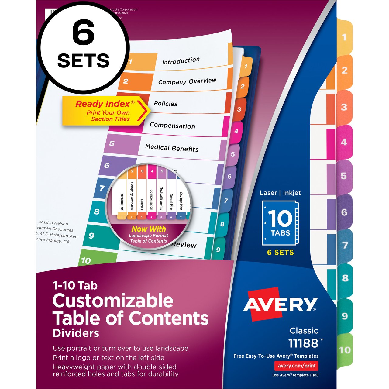 Avery Ready Index Binder Dividers, 10 Tab, 6 Sets - Image 1