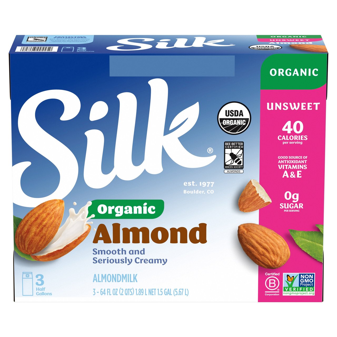 Silk Organic Unsweetened Almondmilk, 3 Pack, 64 oz Each - Image 1