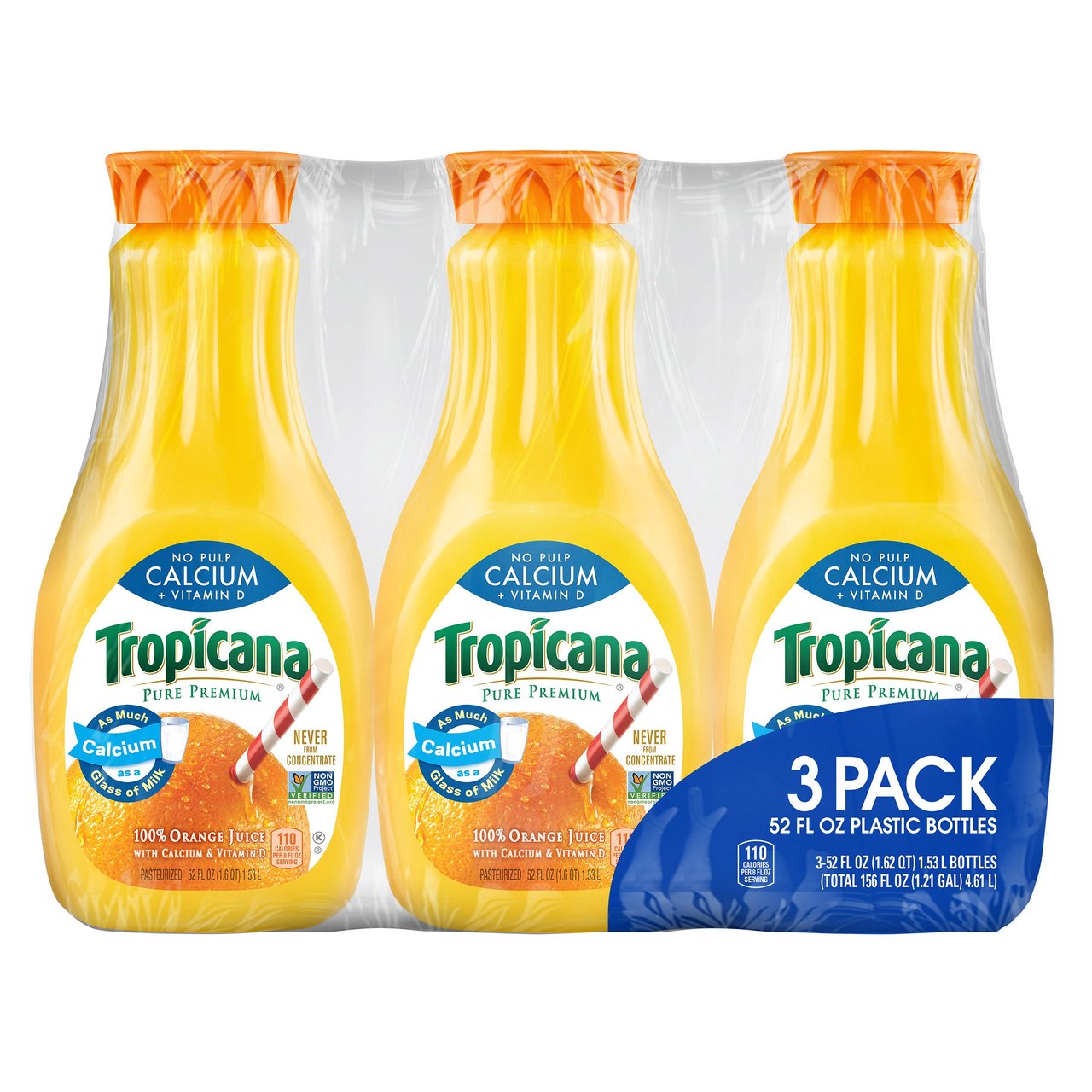 Tropicana Pure Premium Orange Juice with Calcium, 3 Pack, 52 oz - Image 1