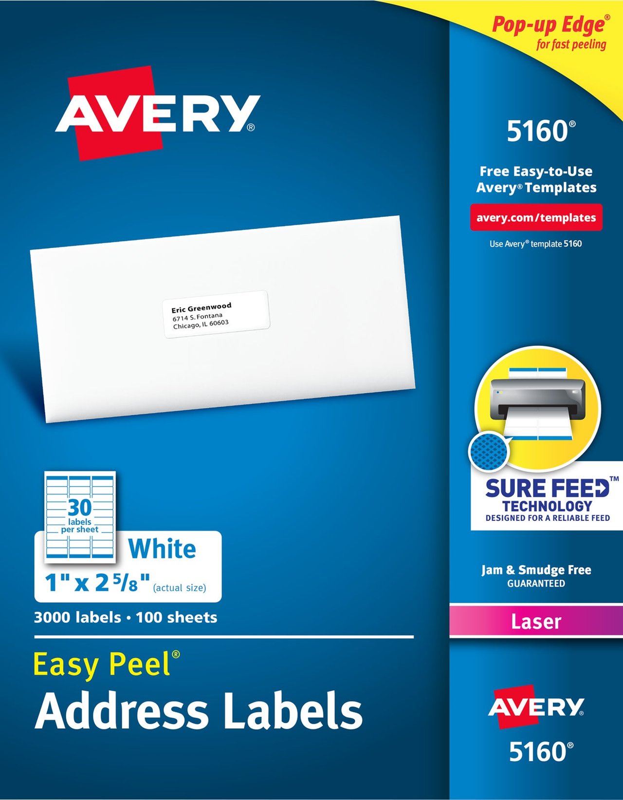 Avery 5160 Laser Address Labels 1" x 2 5/8" 3000 CT - Image 1