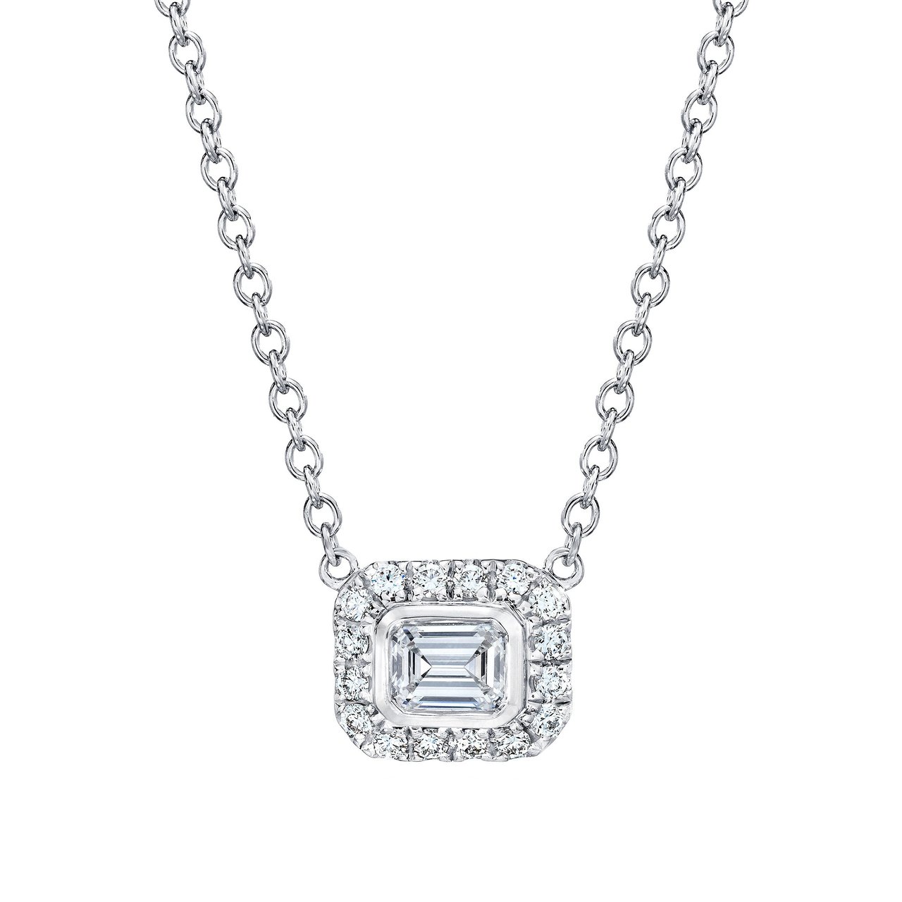 14kt White Gold VS2 I 0.66ctw Emerald Cut Diamond Halo Pendant - Image 1