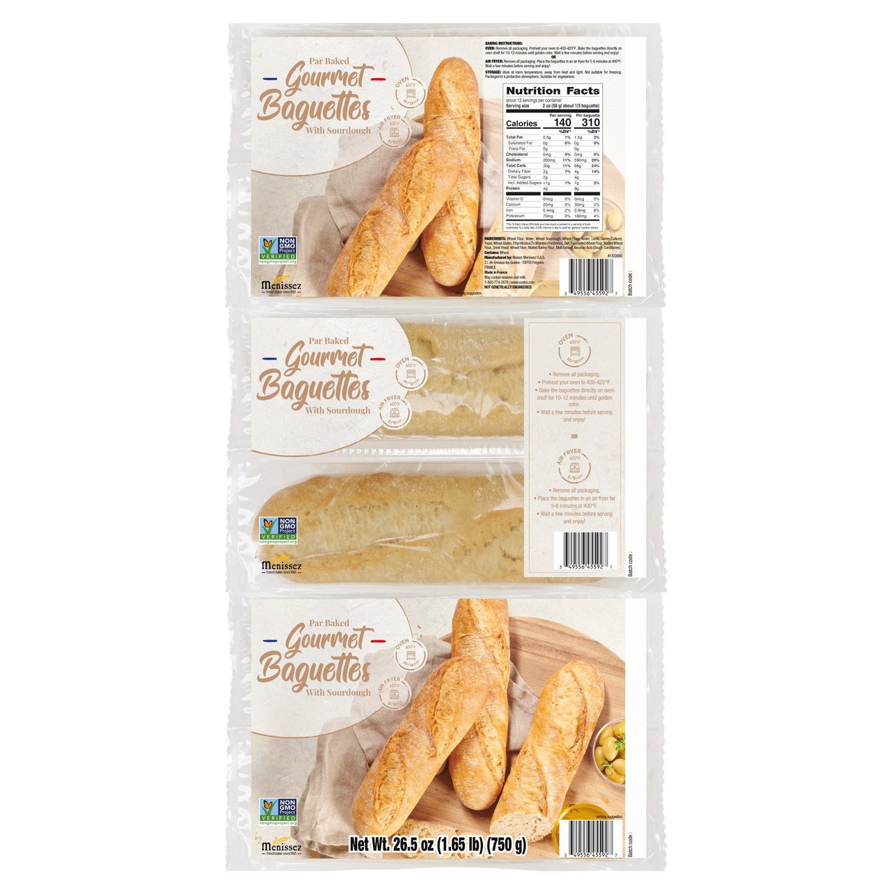 Menissez Stone Oven Par Baked Baguette, 6 Half Loaves (4.40 oz Each) - Image 1