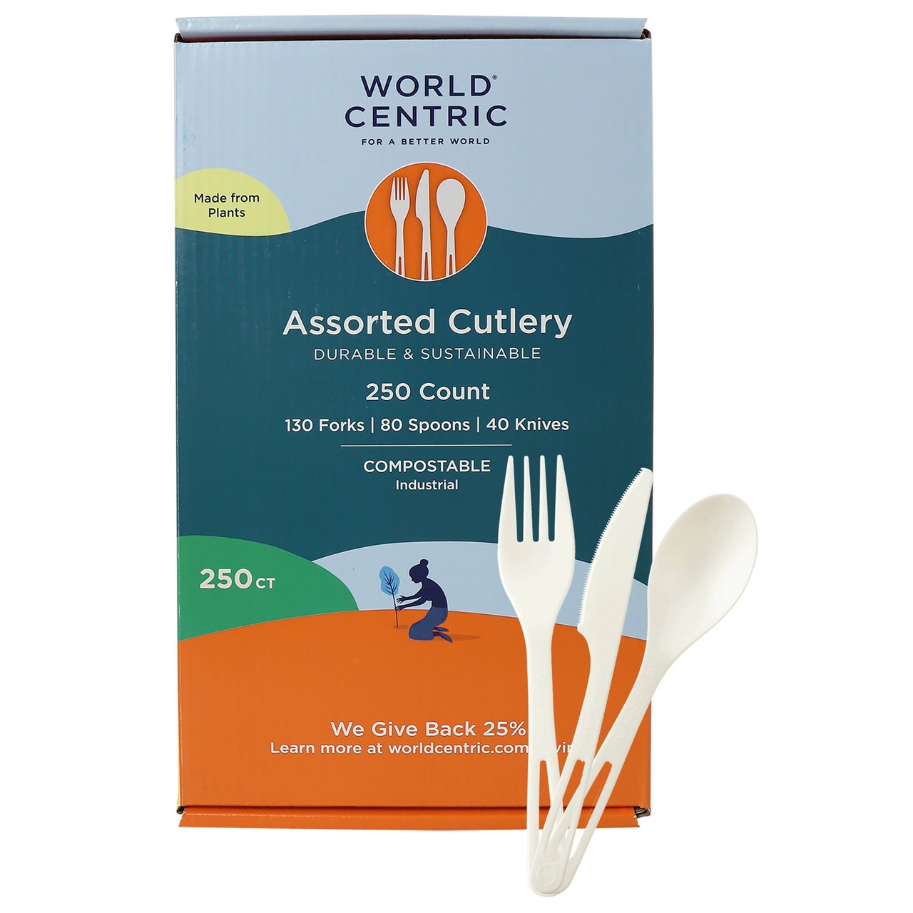 World Centric Compostable Assorted Cutlery, White, 250 CT - Image 1