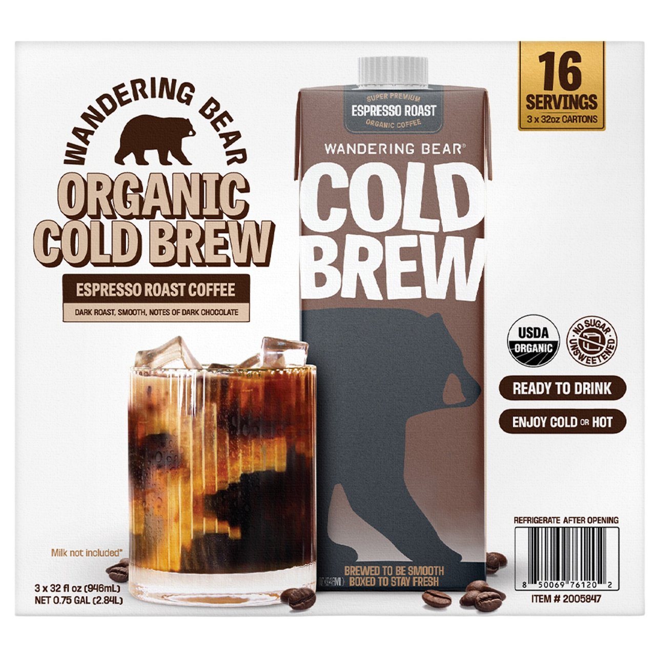 Wandering Bear Organic Espresso Roast Cold Brew Coffee, 3 x 32 fl oz - Image 1
