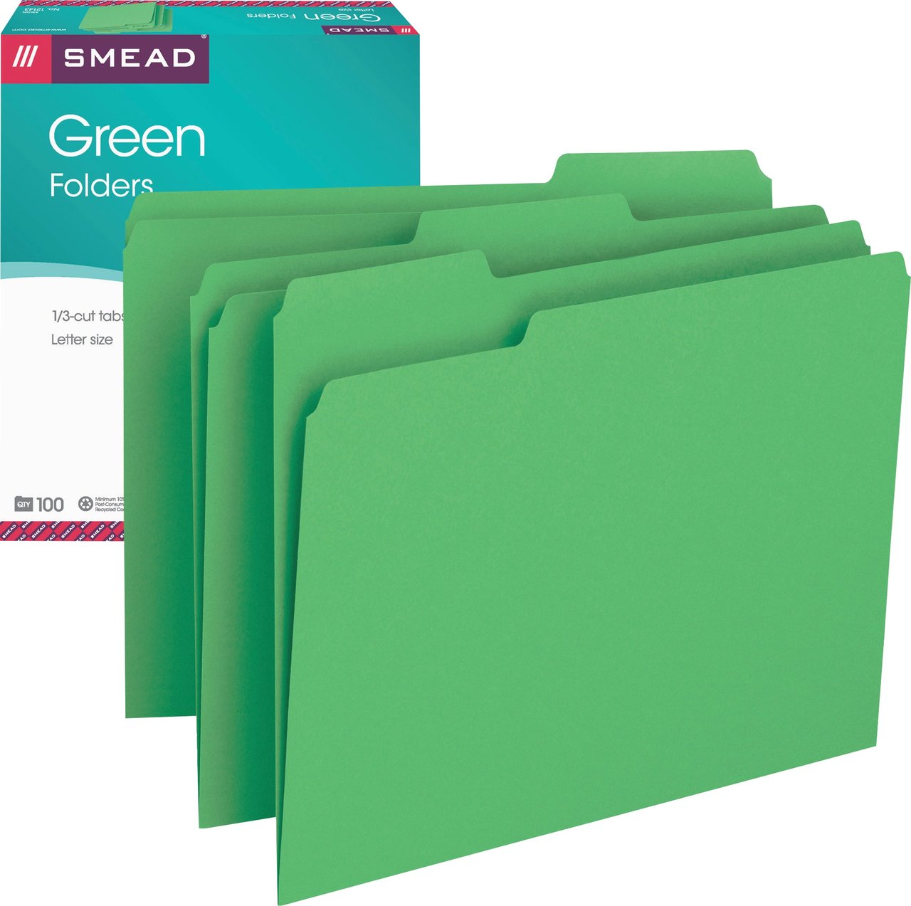 Smead Letter Size 1/3-Cut Tab File Folders, Green, 100-Count - Image 1