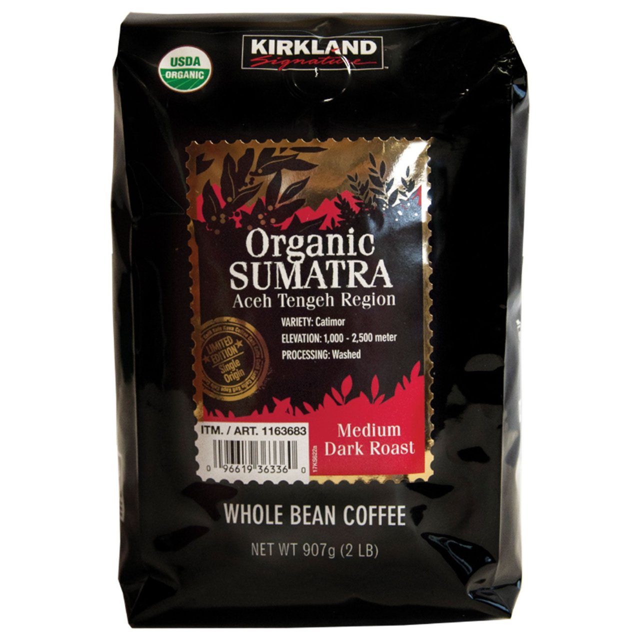 Kirkland Signature Organic Sumatran Whole Bean Coffee, 32 Ounces (2 Pounds) - Image 1