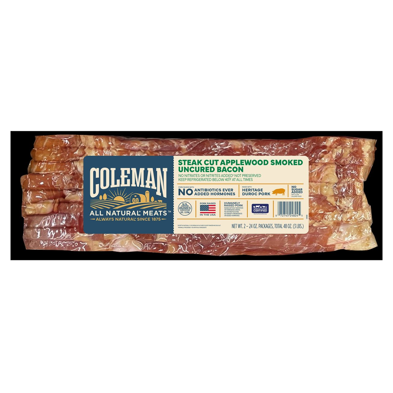 Coleman Natural Steak Cut Thick Bacon, 2/24 Ounce Packages - Image 1