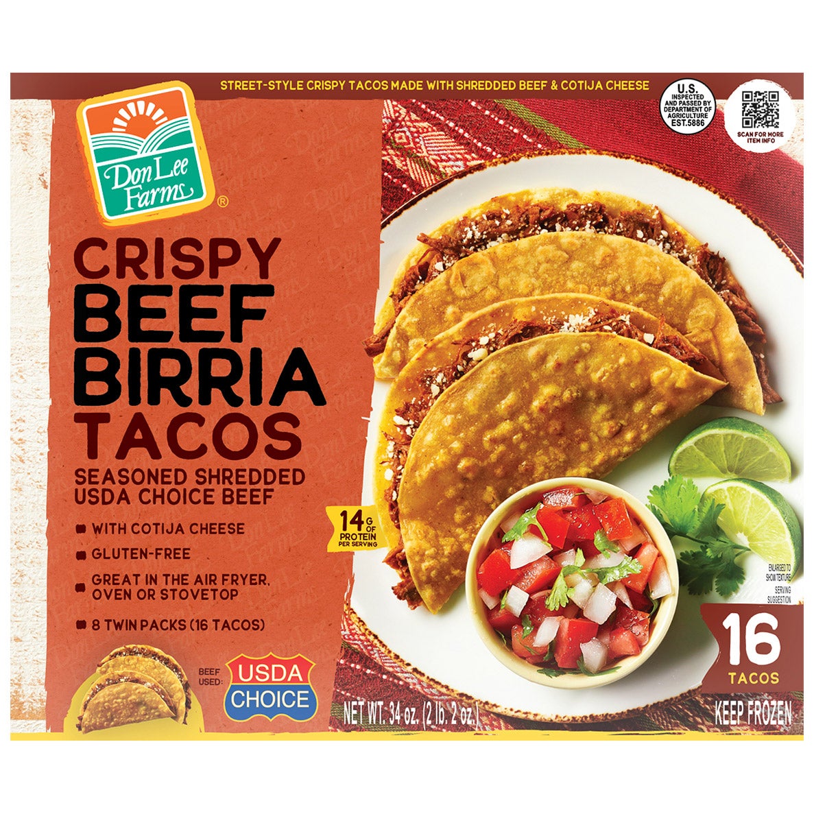 Don Lee Farms Crispy Beef Birria Tacos 16 CT