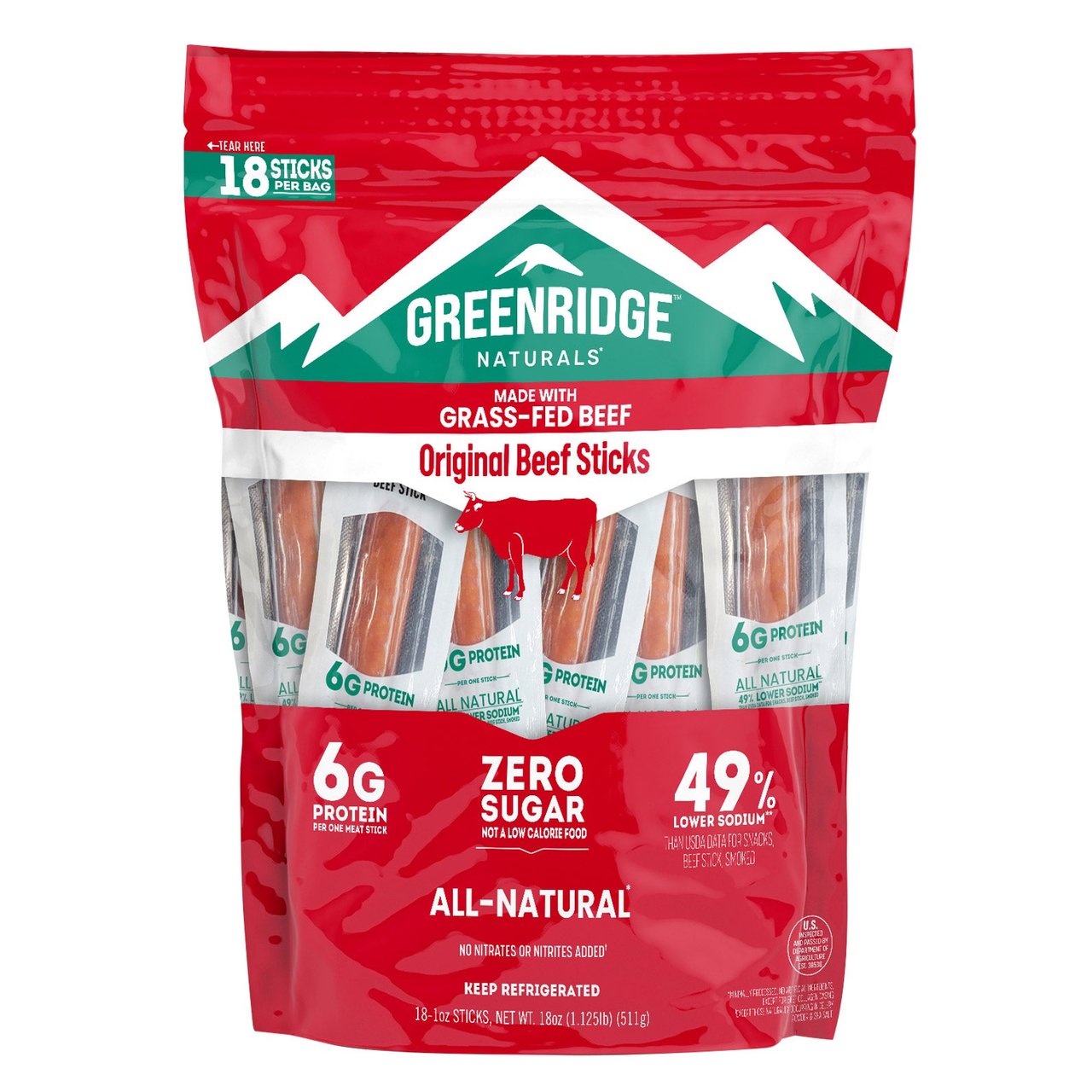 Greenridge Grass-Fed Beef Sticks, 18 Count, 1 oz Each - Image 1