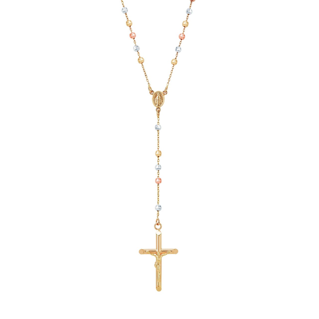 14kt Tri-Color Gold Diamond-Cut Rosary Necklace on 18" Chain Made in Italy - Image 1