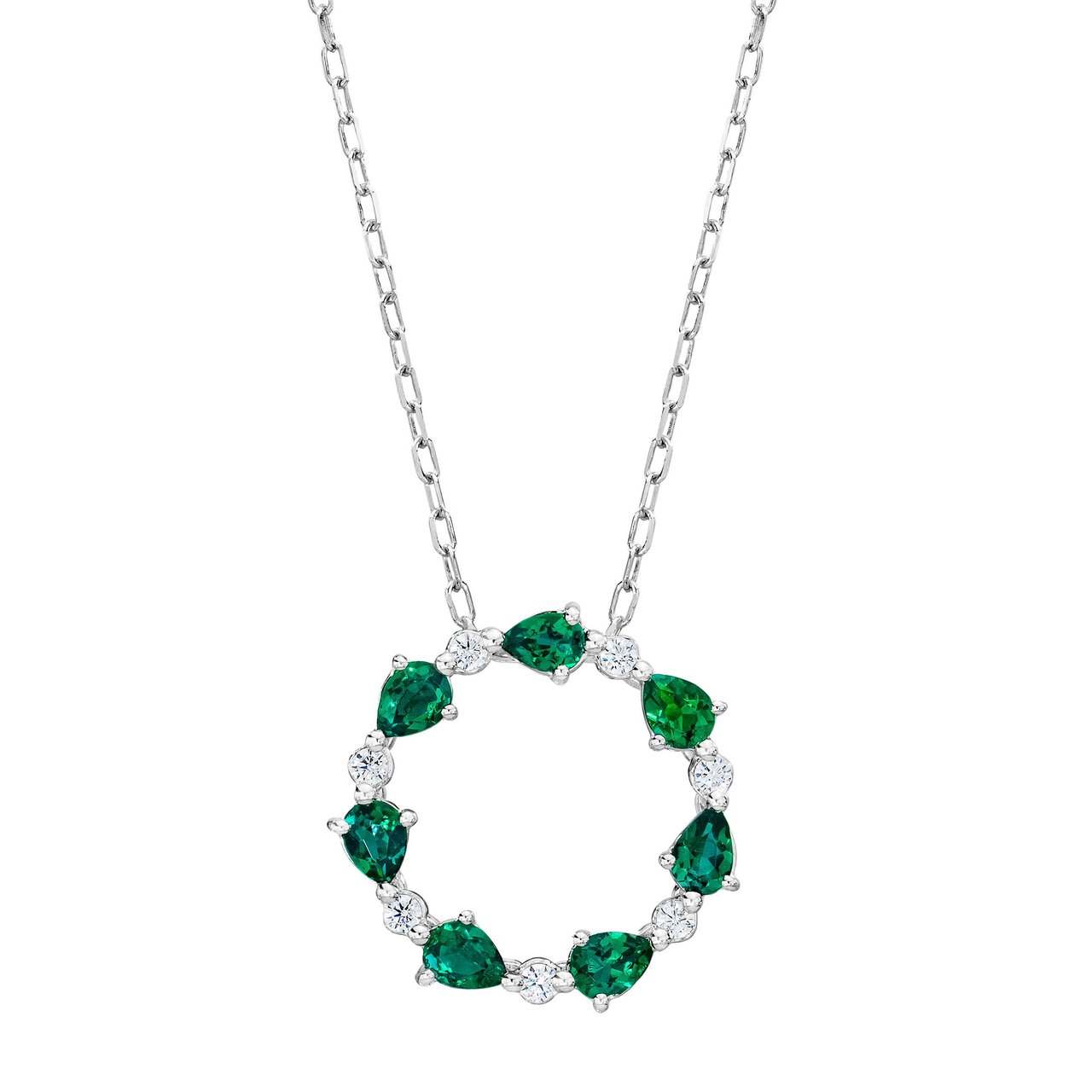 14kt White Gold 0.13 ctw VS2/I Diamond & 4x3mm Lab Emerald Necklace - Image 1