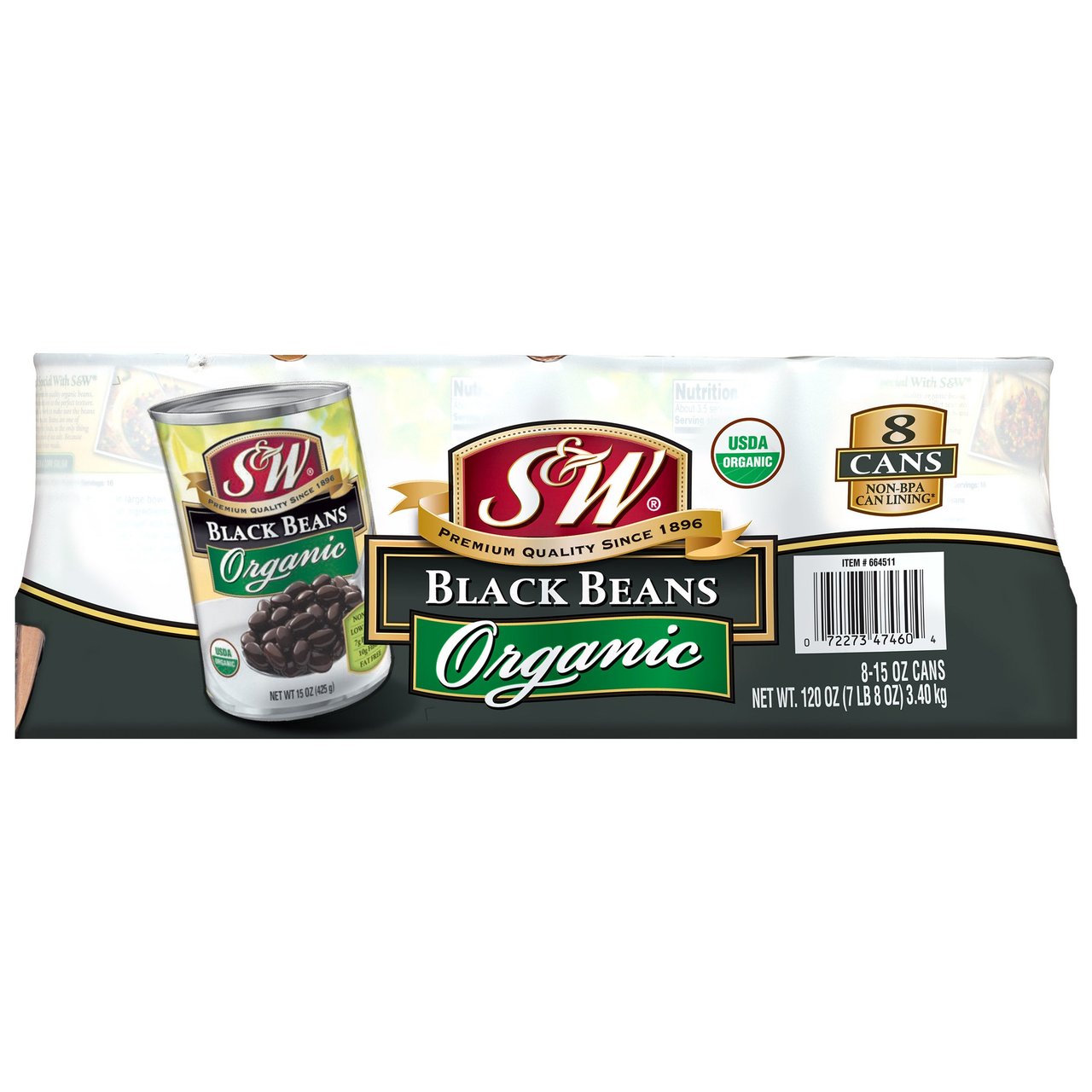 S&W Organic Black Beans, 8 Pack of 15 oz Cans - Image 1