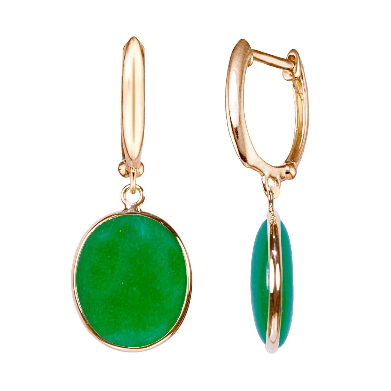 14kt Yellow Gold Oval Dyed Green Jade Bezel Hoop Earrings - Image 1