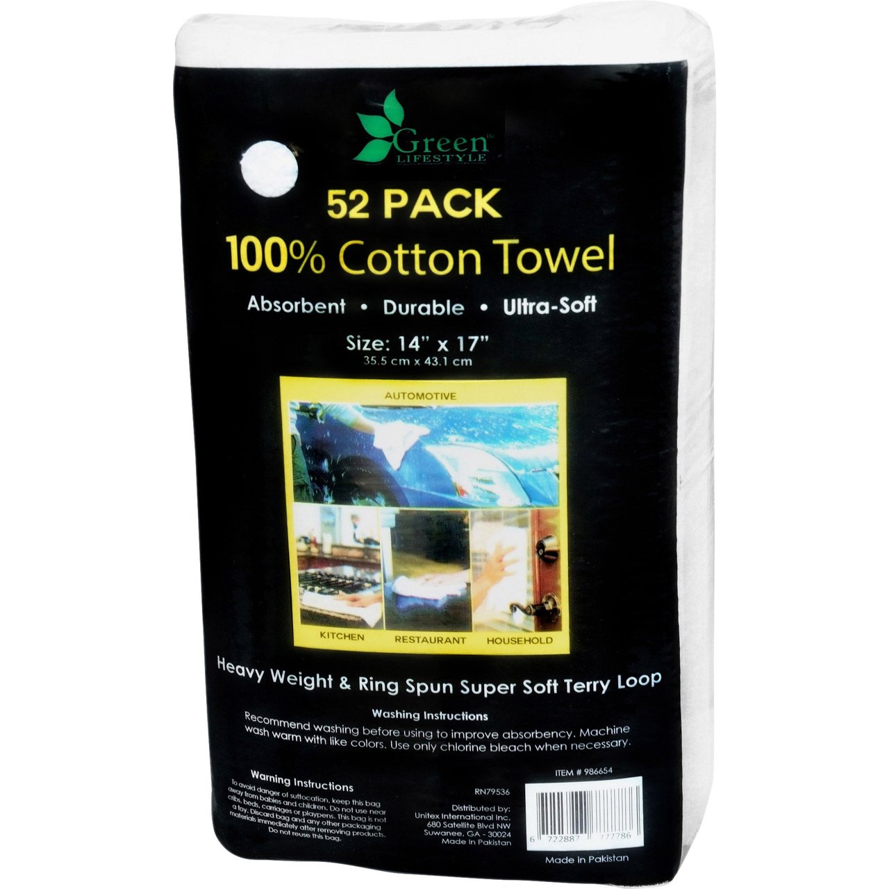Green Lifestyle Cotton Terry Towels 14" x 17", 52-Pack - Image 1