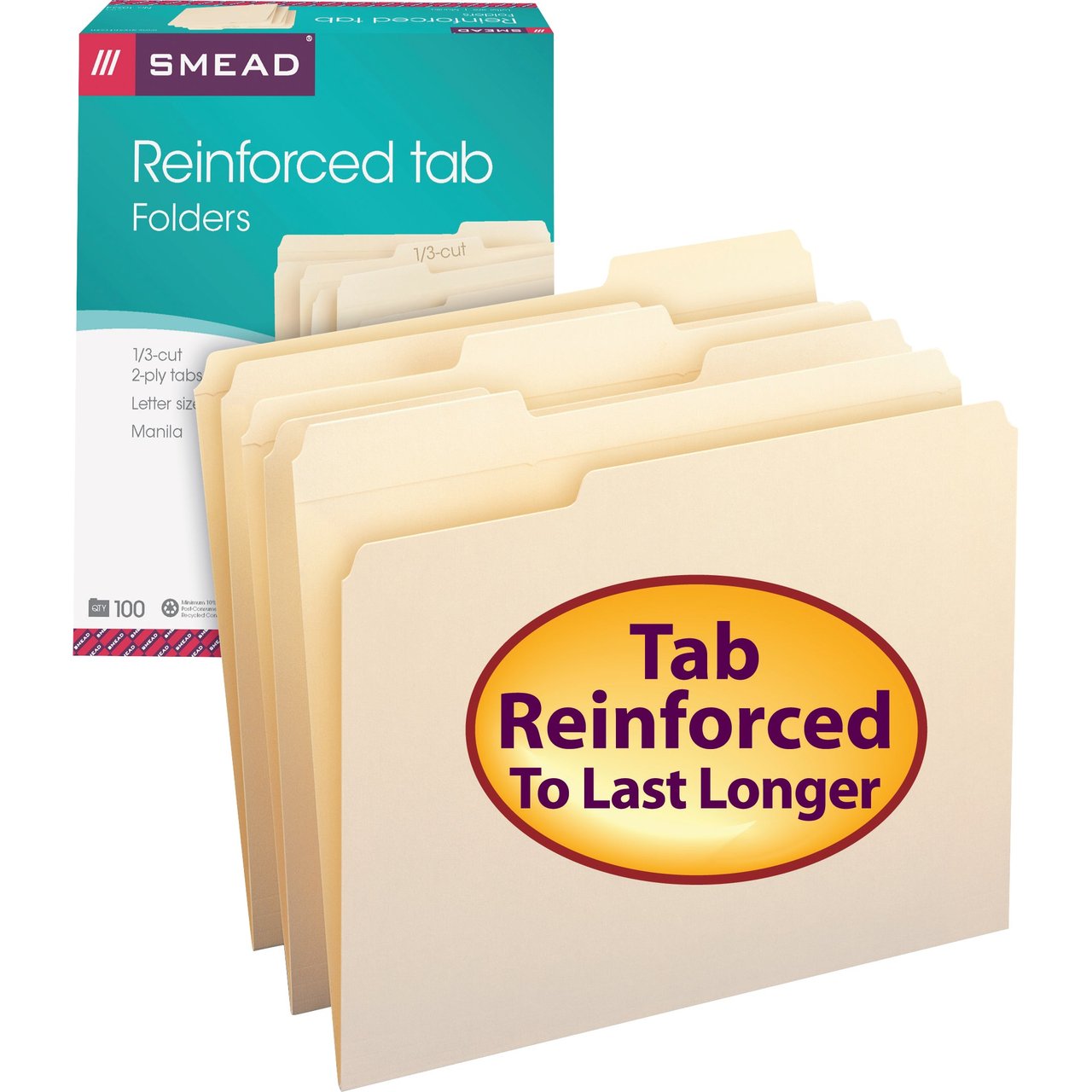 Smead #10334 Reinforced 1/3-Cut Tab File Folders, Letter Size, Manila, 100 Count - Image 1