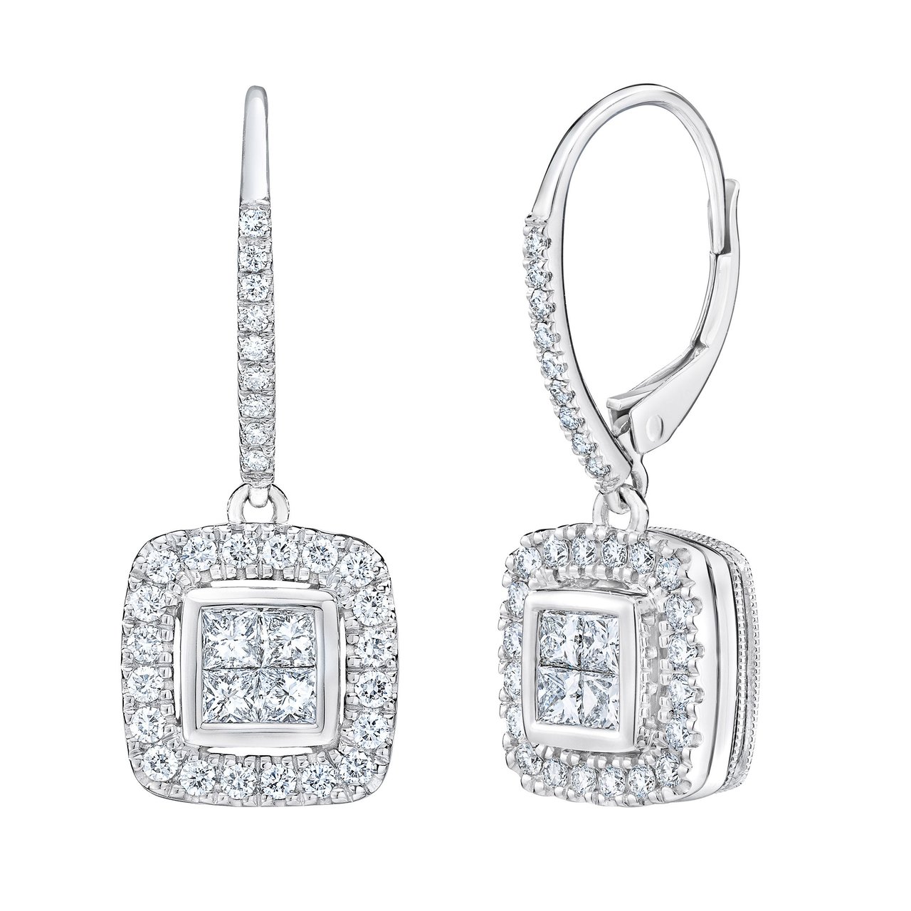 14KT White Gold VS2 I 0.98ctw Princess Cut Diamond Earrings - Image 1