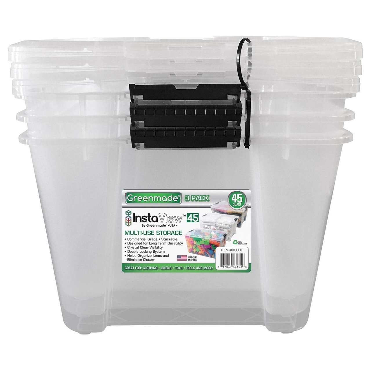 Greenmade InstaView 45QT 3-Pack Storage Bins with Locking Handles and Lid - Image 1