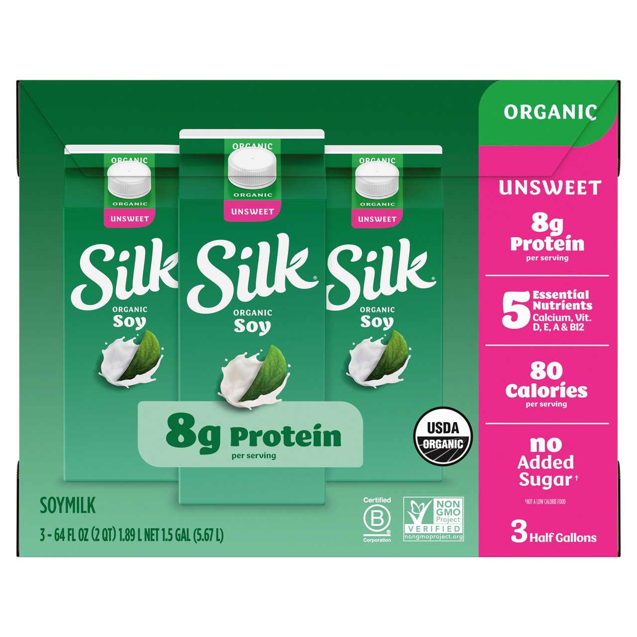 Silk Organic Unsweetened Soy Milk, 3 x 64 oz - Image 1