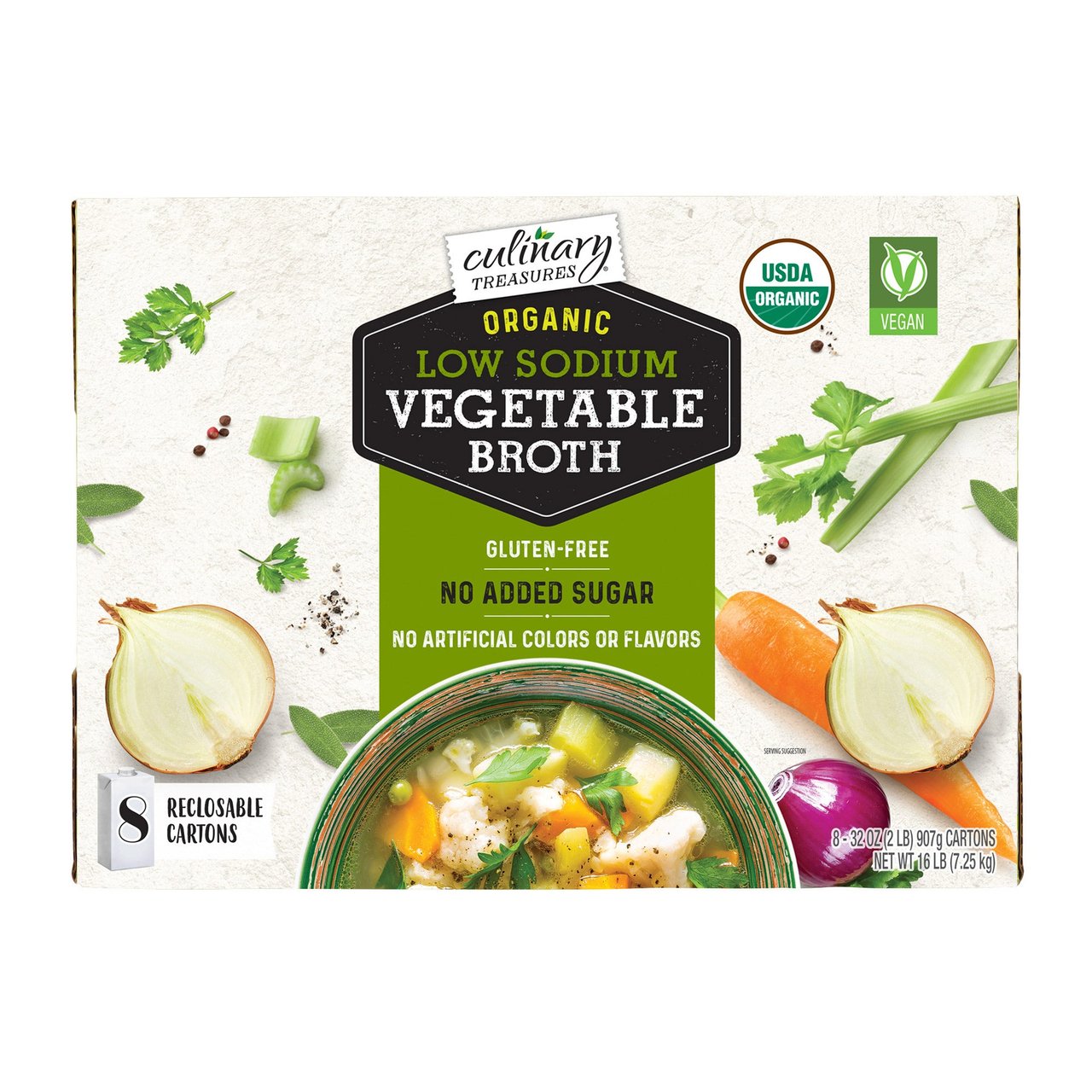 Culinary Treasures Organic Vegetable Broth, 8 x 32 oz Cartons - Image 1