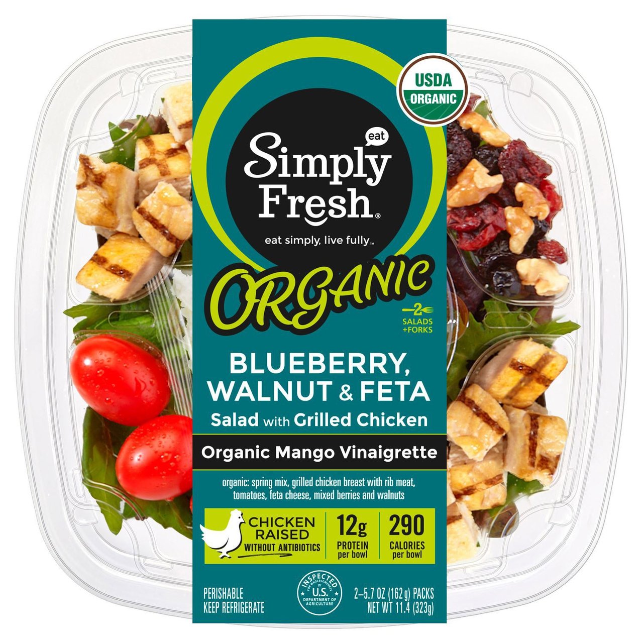 Simply Fresh Organic Blueberry Walnut & Feta Salad with Grilled Chicken, 2 x 5.7 oz - Image 1