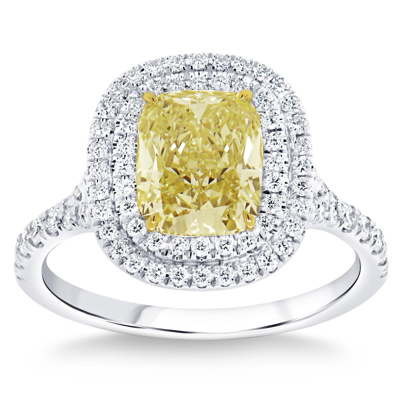 2.02 ct Cushion Fancy Yellow VS2 Clarity, 2.51 ctw Diamond Platinum Ring - Image 1