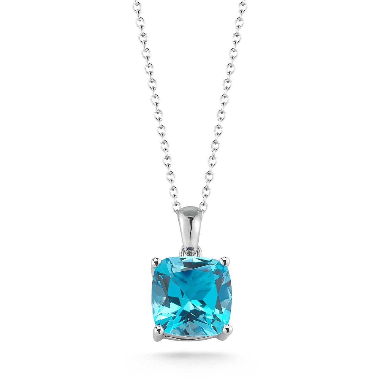 14kt White Gold 17" Swiss Blue Topaz 10mm Cushion Cut Pendant - Image 1