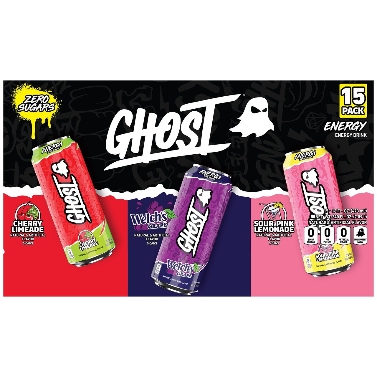 Ghost Energy Variety Pack, Zero Sugar, 15 Cans of 16 FL OZ (7.5 Quarts) - Image 1