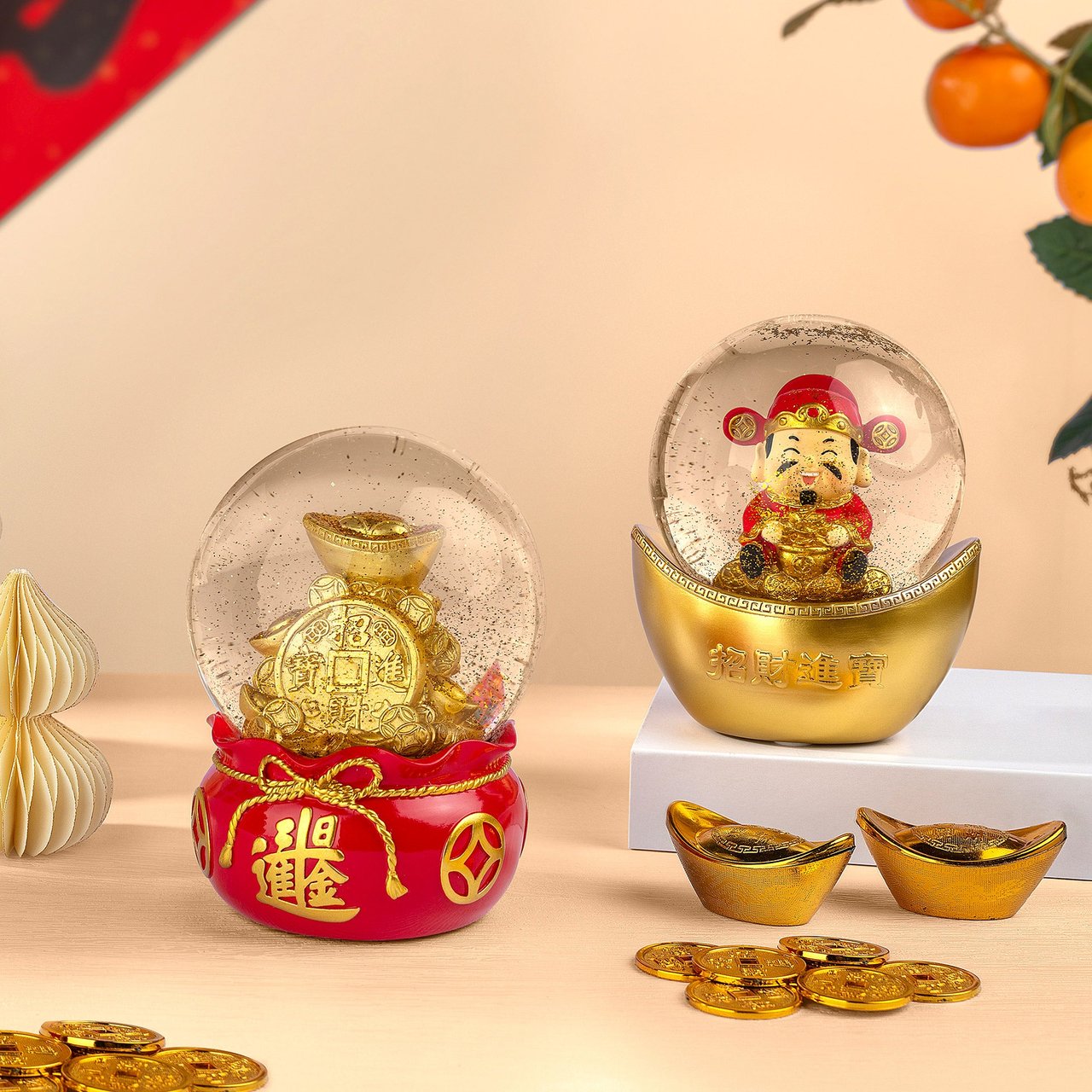 Lunar New Year Wealth and Fortune Water Globes, Set of 2 - Image 1