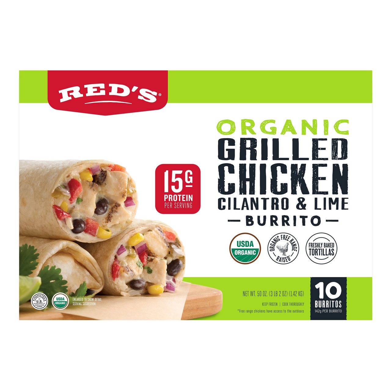Red's Organic Chicken, Cilantro & Lime Burrito, 10-Pack / 5 oz Each (3.125 lbs) - Image 1