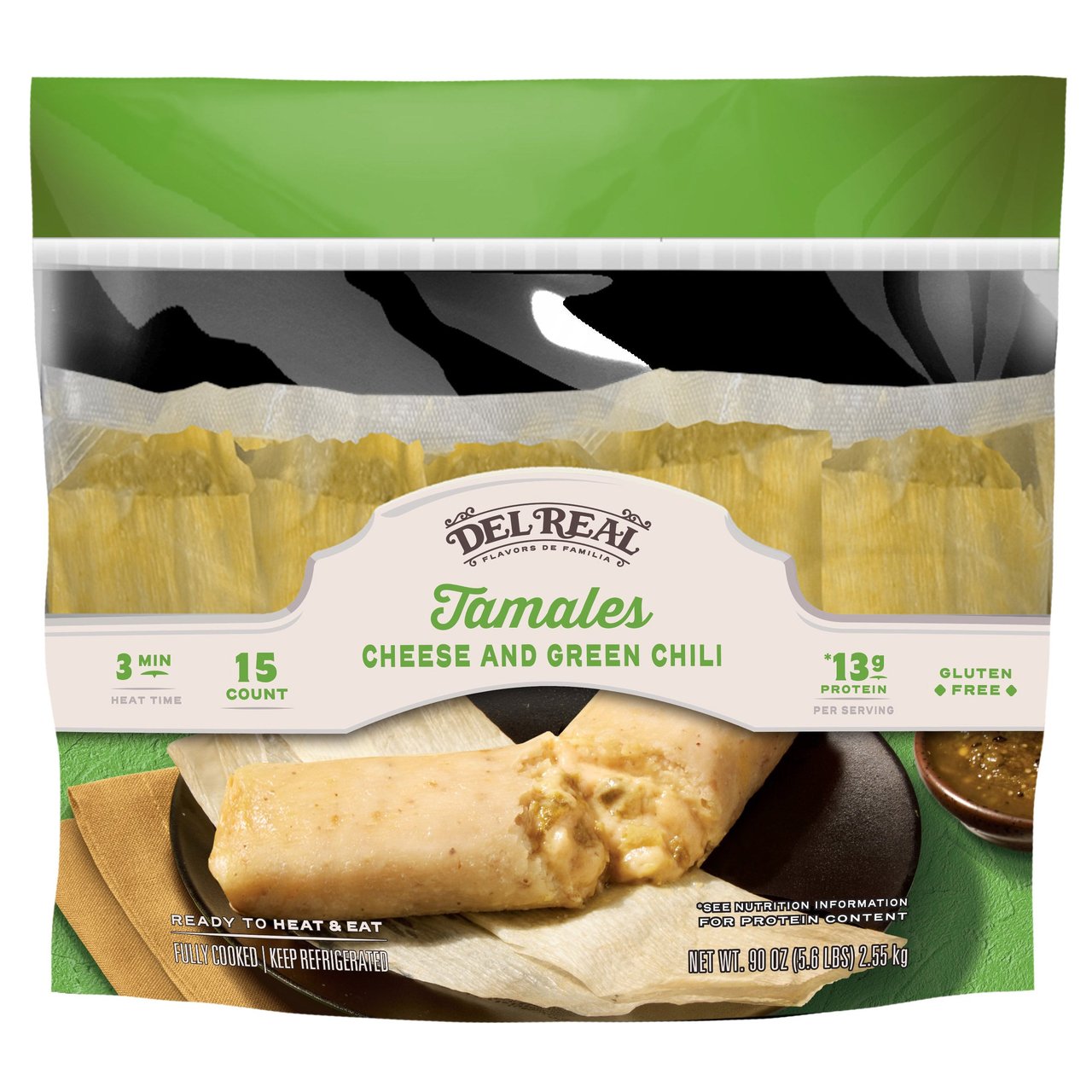 Del Real Cheese Green Chili Tamales 15 CT 6 oz - Image 1