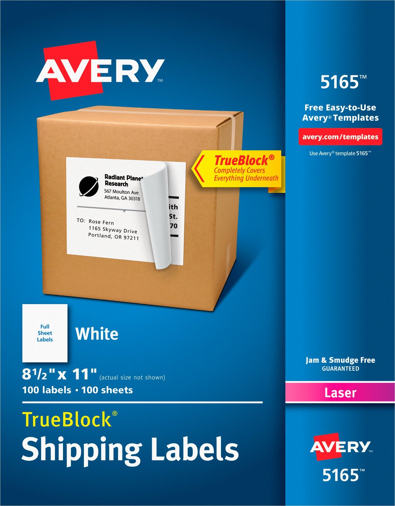 Avery 5165 Laser Full-Sheet Shipping Labels, 8-1/2" x 11", White, 100 CT - Image 1