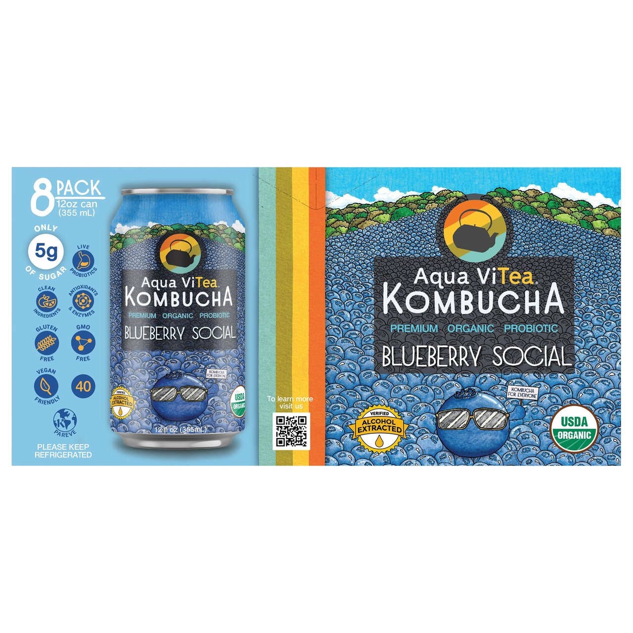 Aqua ViTea Organic Kombucha Blueberry Social, 8-Pack 12 fl oz Cans (3 Quarts)