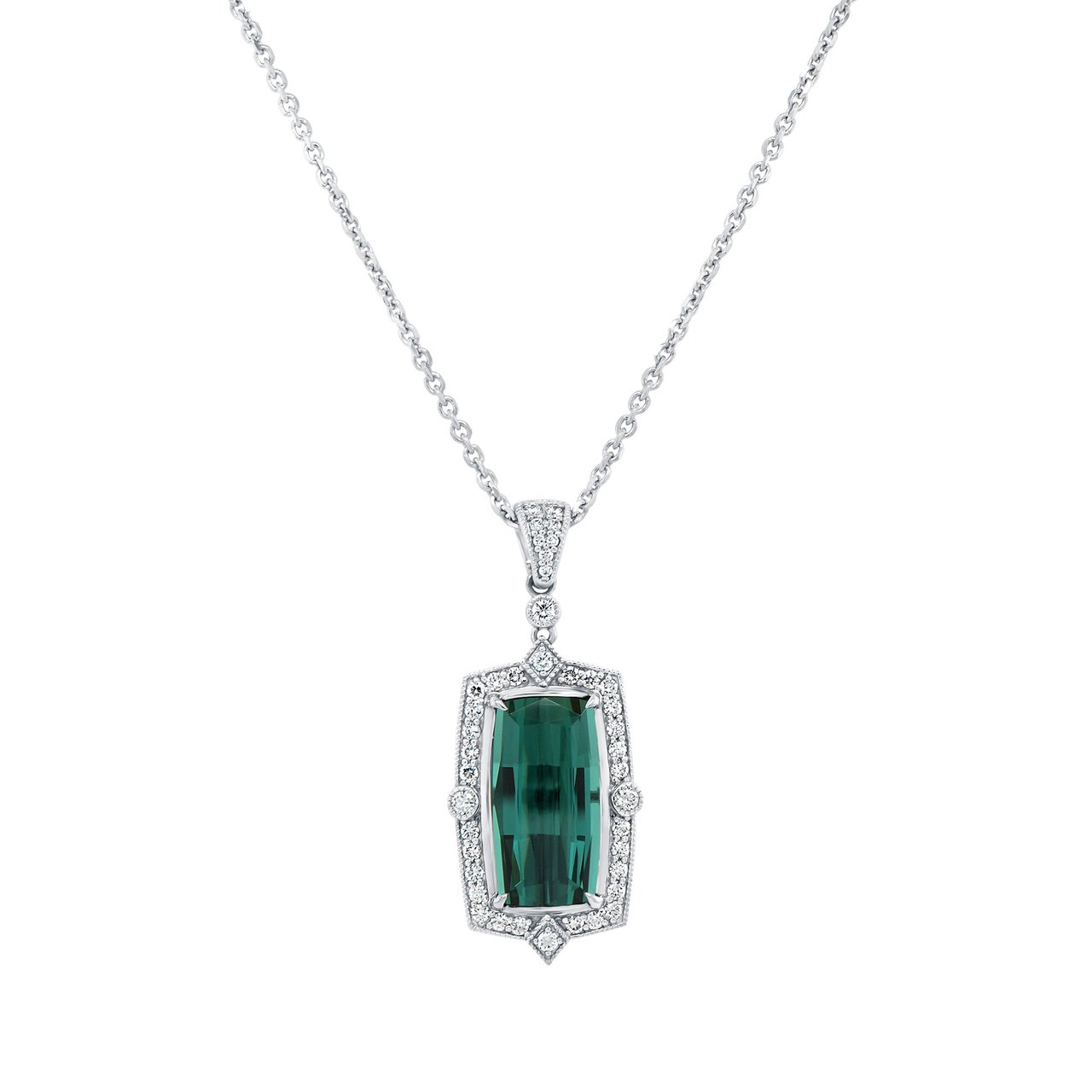 3.78 ct Cushion Blue/Green Tourmaline & 0.37 CTW Diamond 18KT White Gold Pendant - Image 1