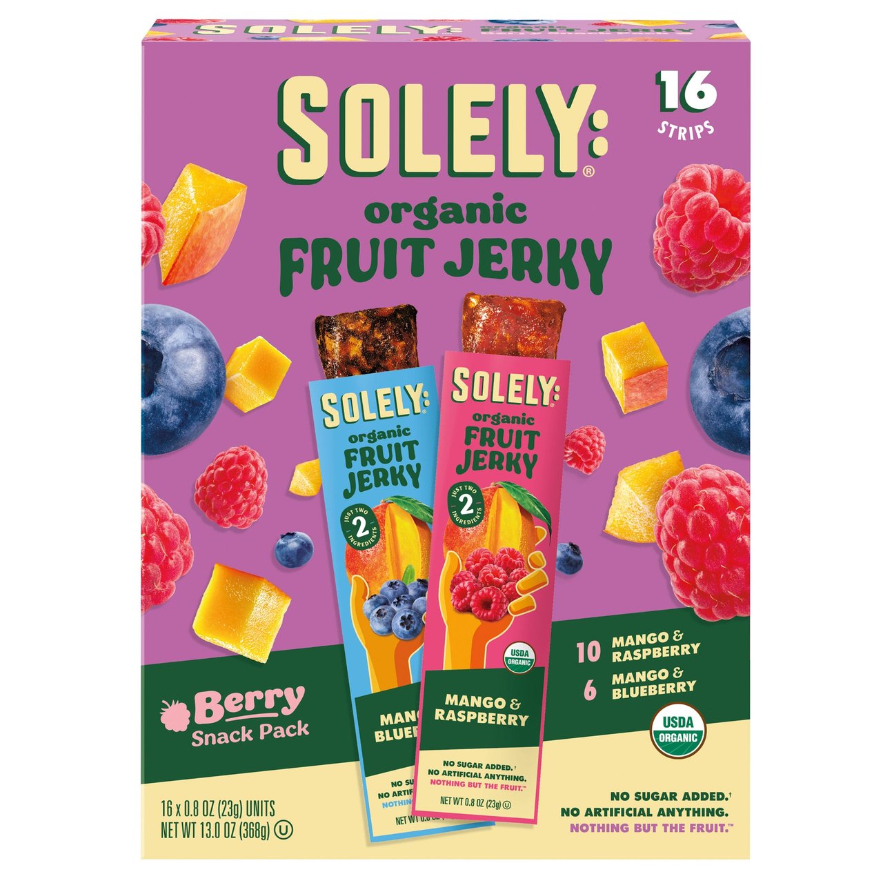 Solely Organic Fruit Jerky Variety Pack, 16 Count, 0.8 oz Strips - Image 1