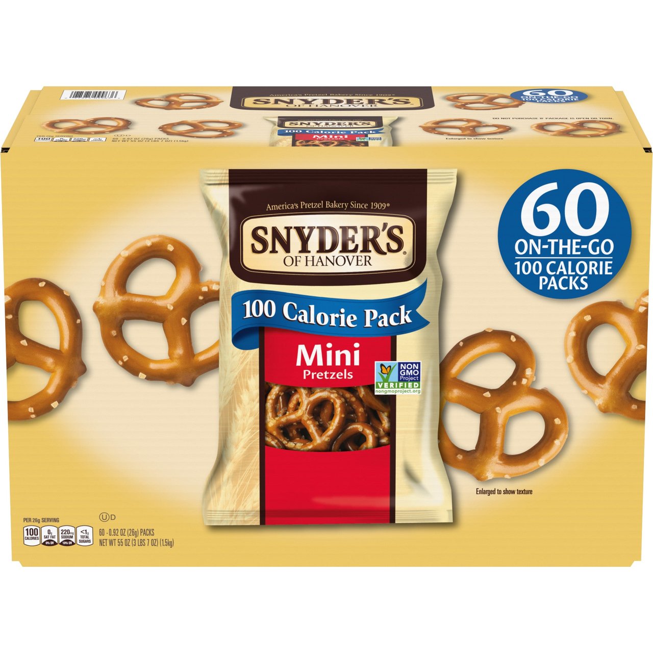 Snyder's of Hanover 100 Calorie Mini Pretzels, 60 Count, 0.92 oz Each - Image 1