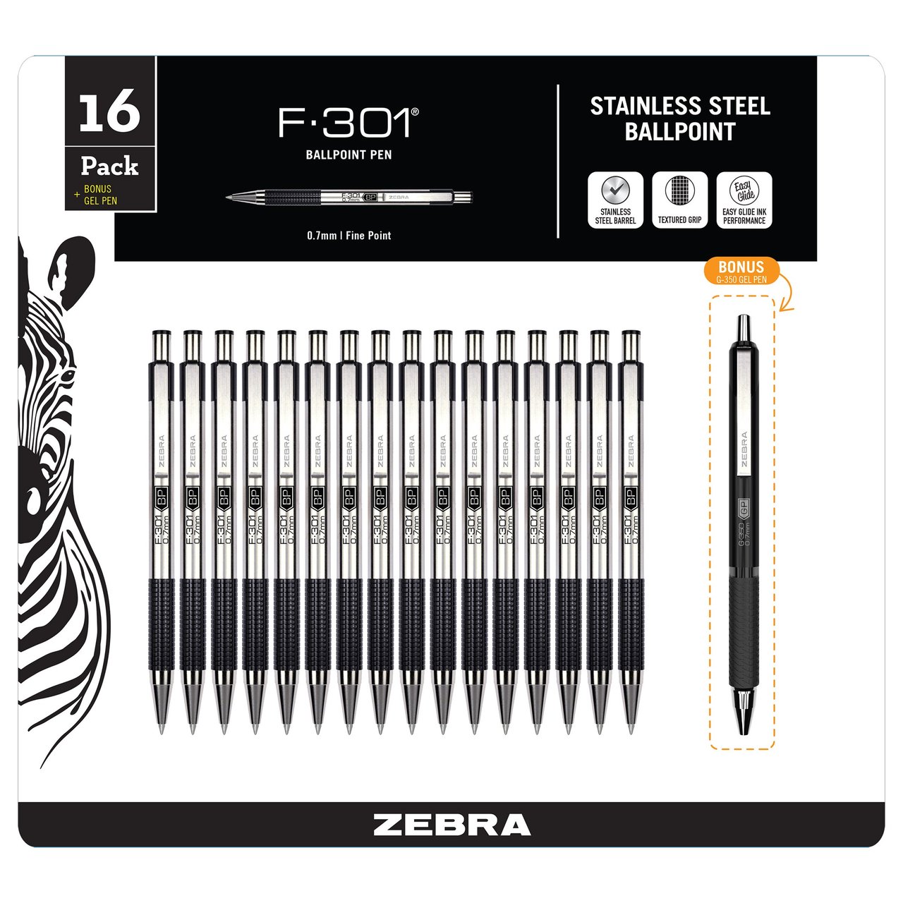 Zebra 16-Pack F-301 Ballpoint Pens with Bonus G-350 Gel Pen