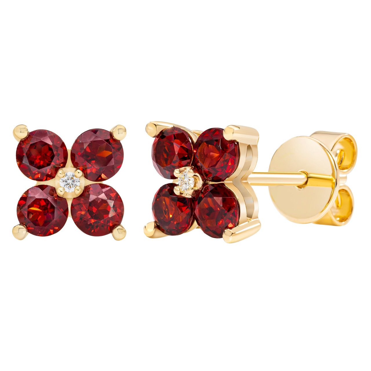 14kt Yellow Gold 0.01 CTW VS2 Diamond and Garnet Flower Stud Earrings - Image 1