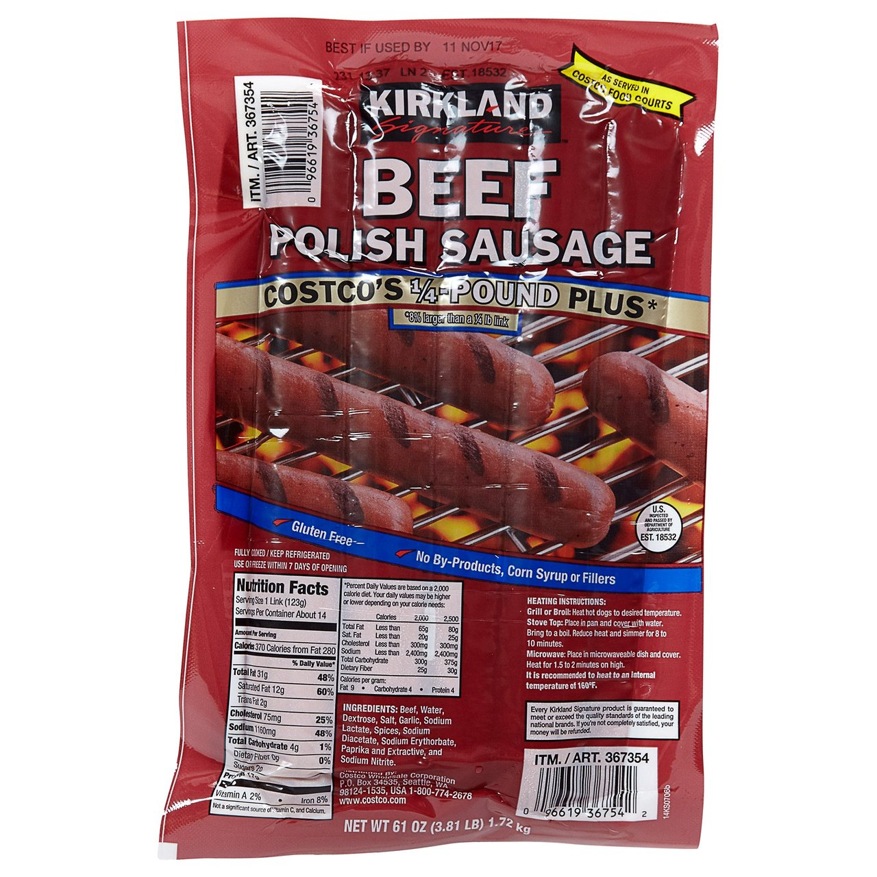 Kirkland Signature Beef Polish Sausage, 3.81 lb - Image 1
