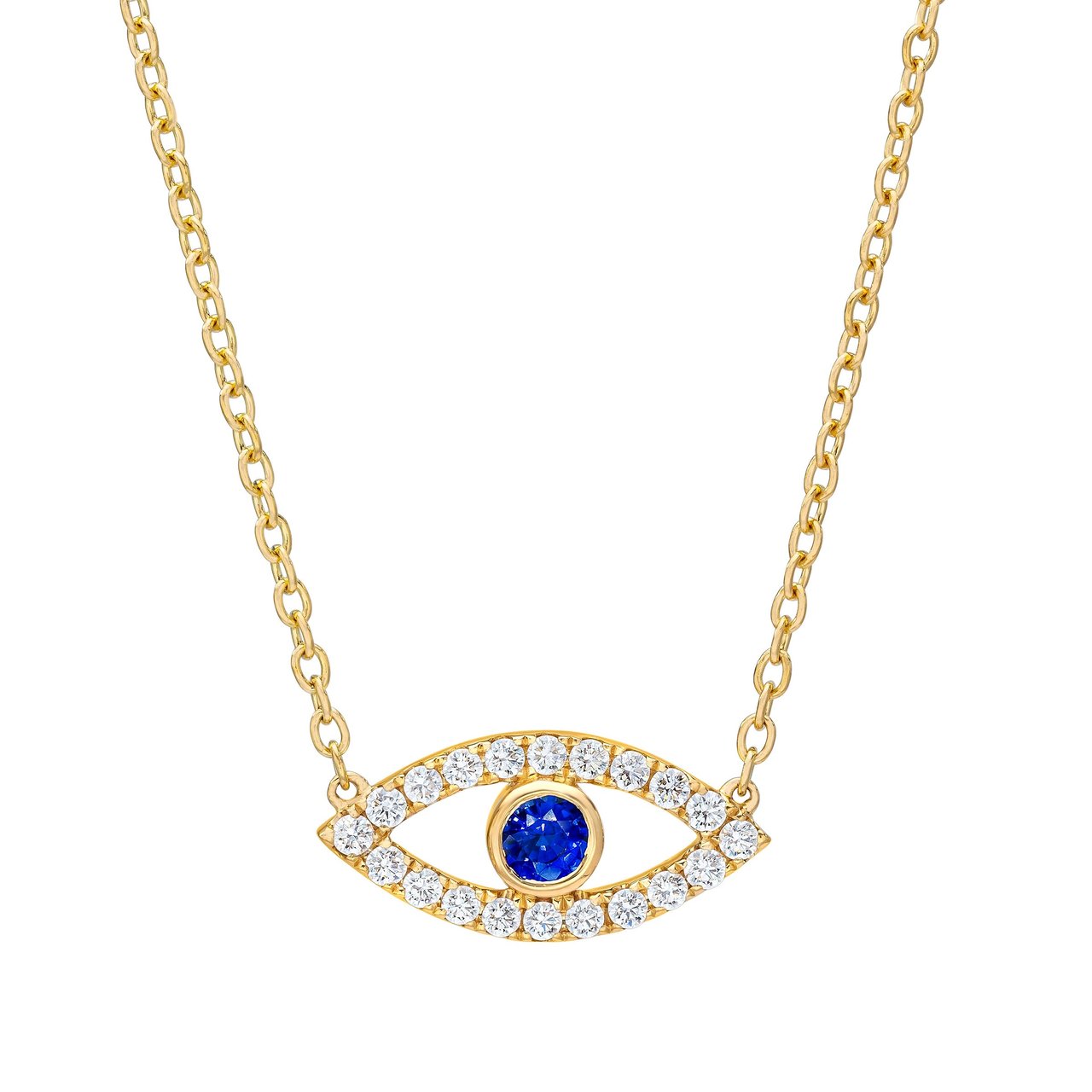 EYE3M‘s collection two face Necklace 14kt Yellow Gold .38 CTW VS2-I Blue Sapphire & Diamond Evil Eye