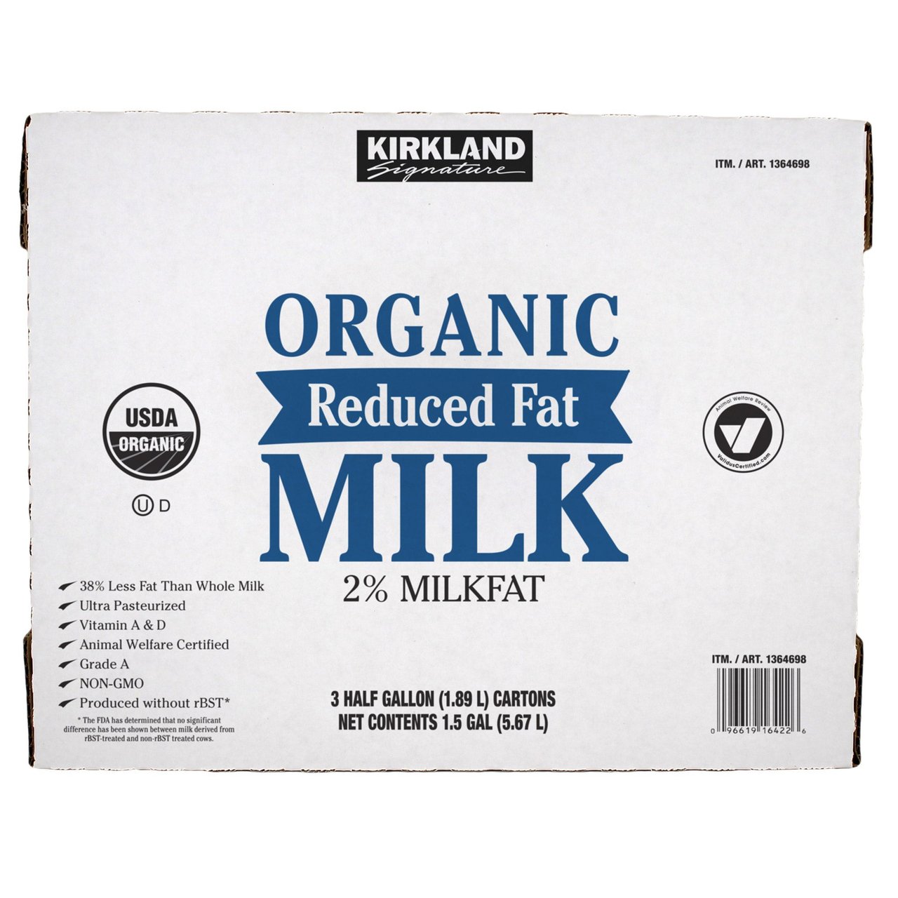 Kirkland Signature Organic 2% Milk, 3/64 fl oz (6 Quarts) - Image 1