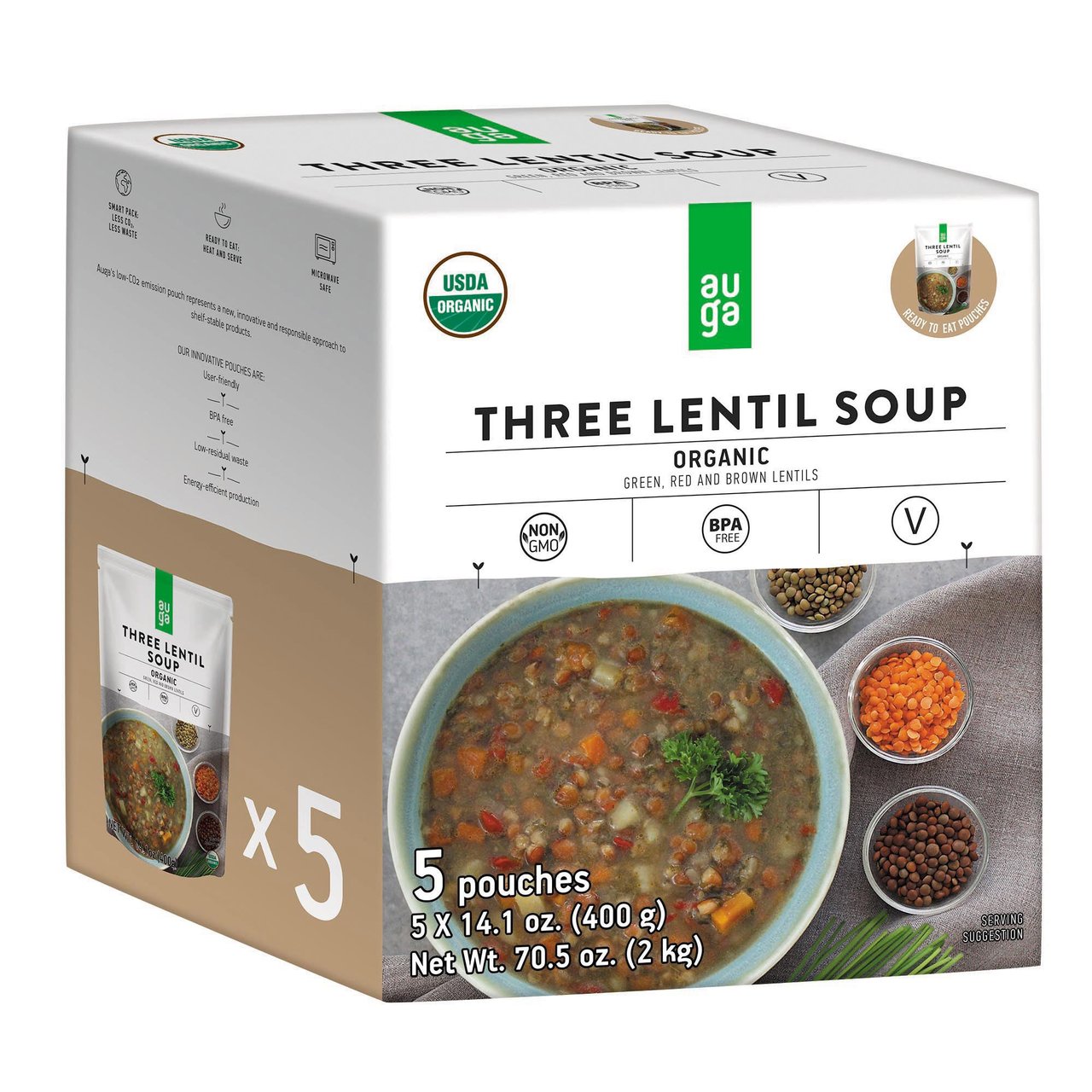 Organic AUGA Three Lentil Soup 5 Pack 14.1 Ounces Each