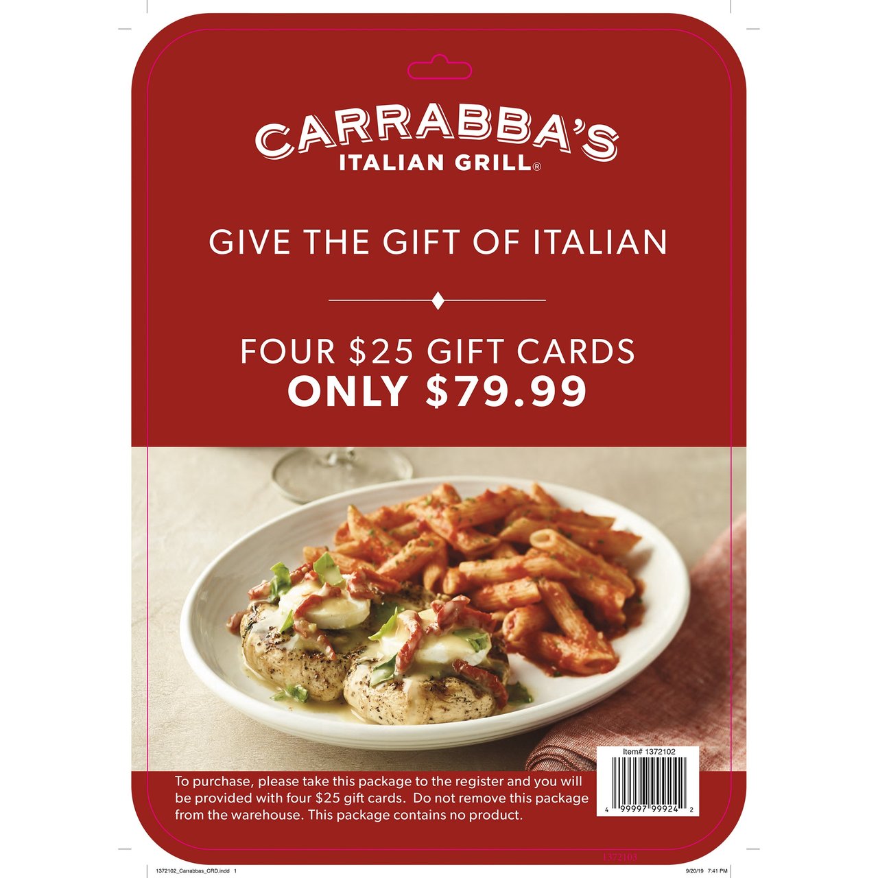 Carrabba's Italian Grill 4-Pack $25 Gift Cards (Non-Refundable)