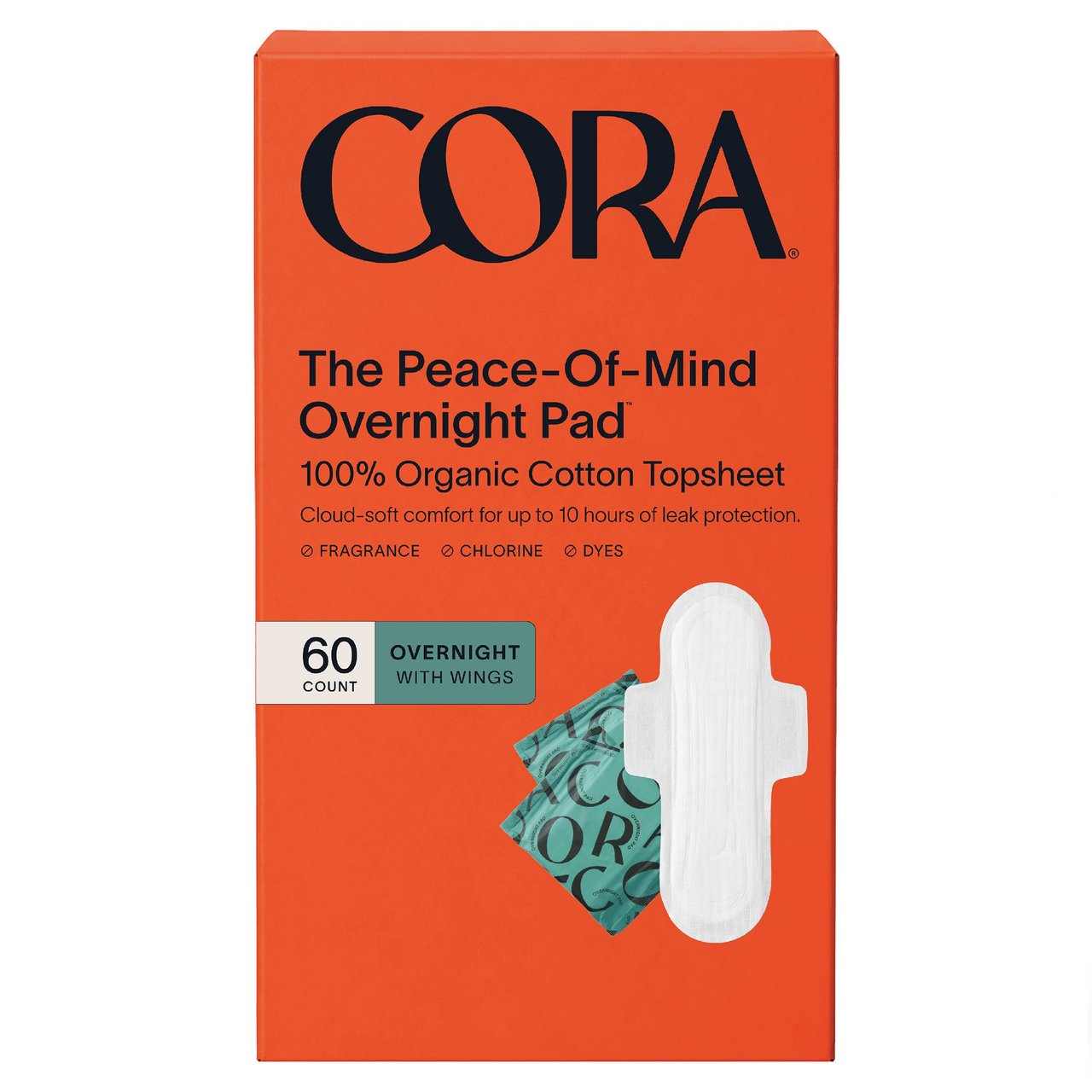 CORA ORGANIC COTTON OVERNIGHT PAD, 60CT