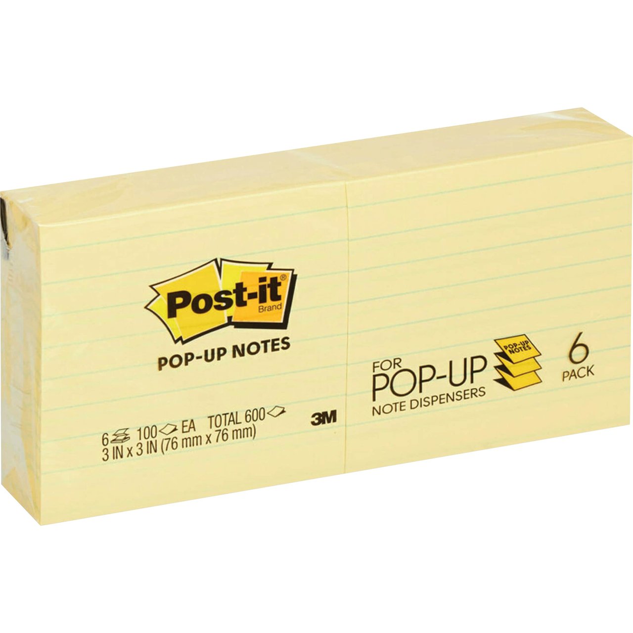 Post-it Pop-Up Notes, Ruled, 3" x 3", Canary Yellow, 100 Sheets, 6-Pack - Image 1
