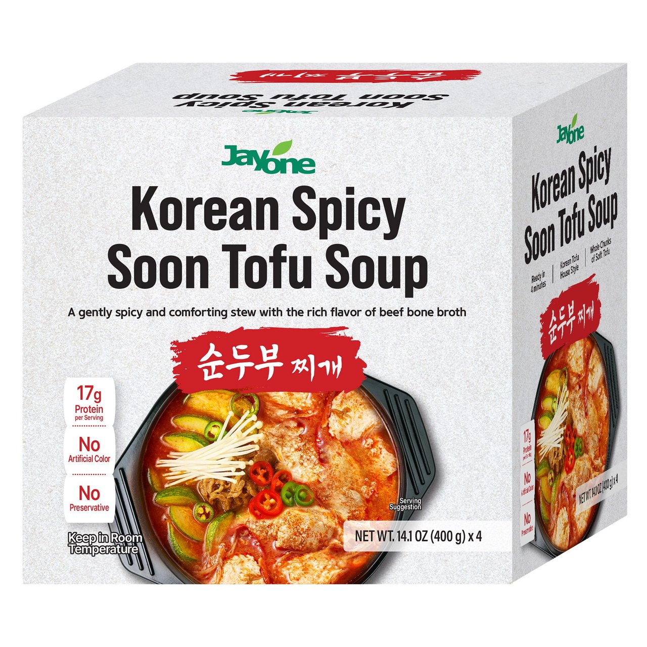 Jayone Korean Spicy Soon Tofu Soup, 4 x 14.1 oz - Image 1