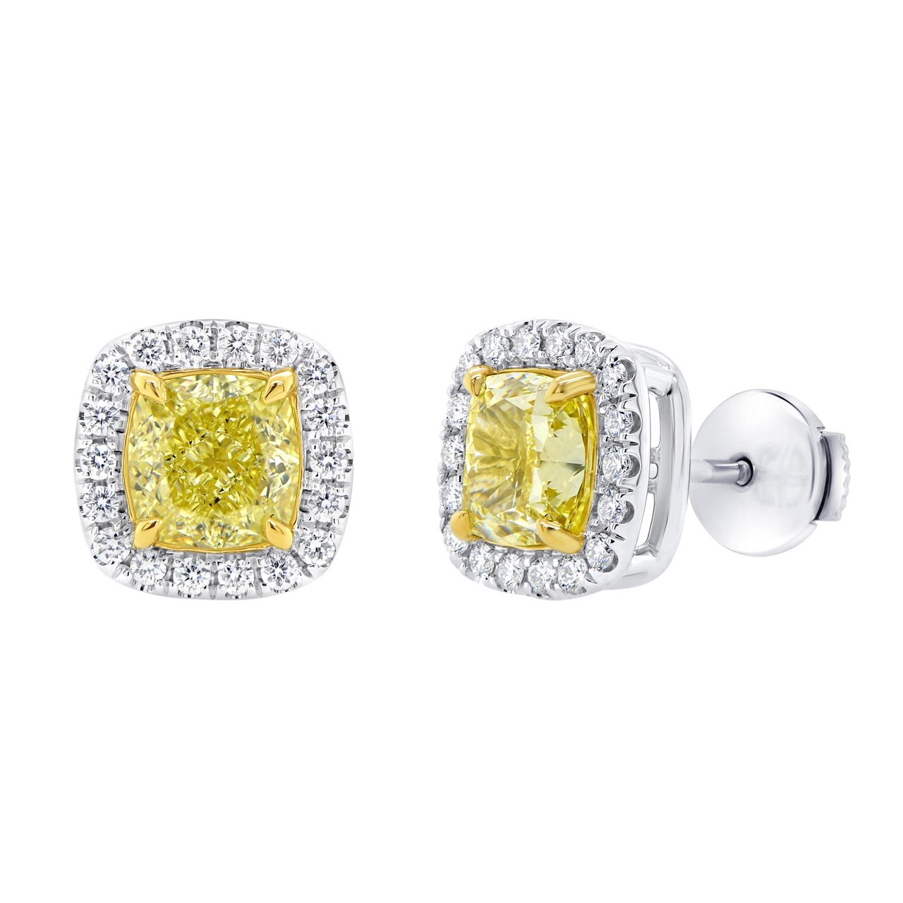 3.00 CTW Cushion Cut Center Fancy Yellow VS2 Diamond 18kt White Gold Stud Earrings (3.29 CTW Total) - Image 1
