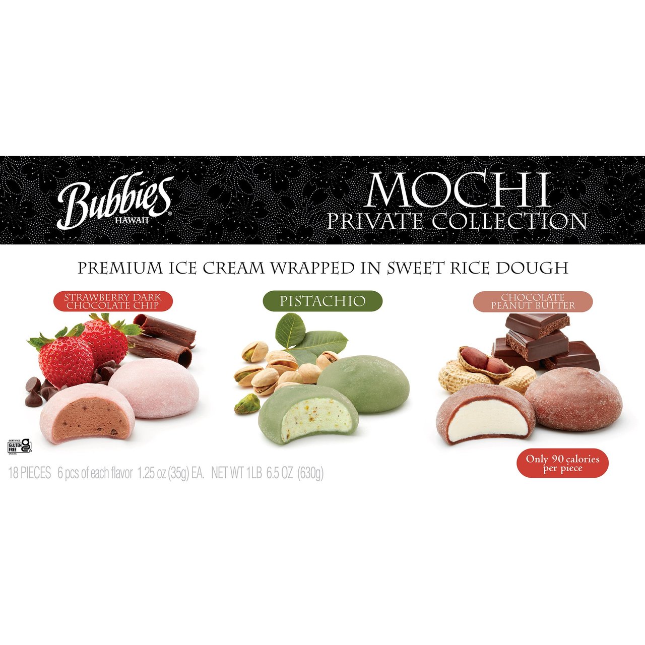 Bubbies Private Collection Mochi Ice Cream - Strawberry, Dark Chocolate, Pistachio & Peanut Butter - 18 CT / 22.5 oz - Image 1